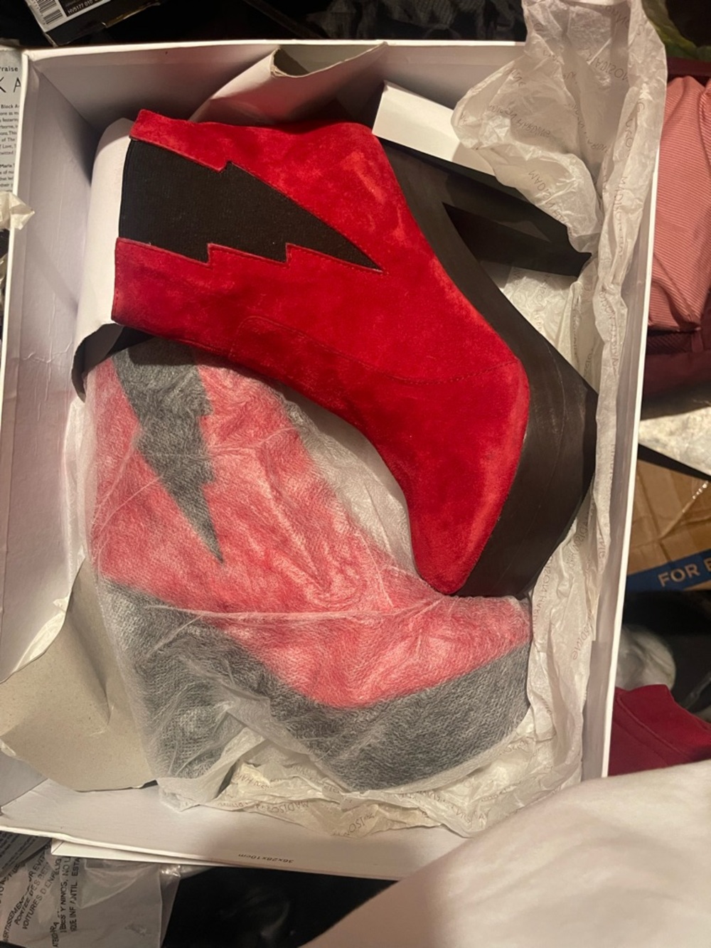 Red Suede Platform Ankle Boots with Black Lightning Accent